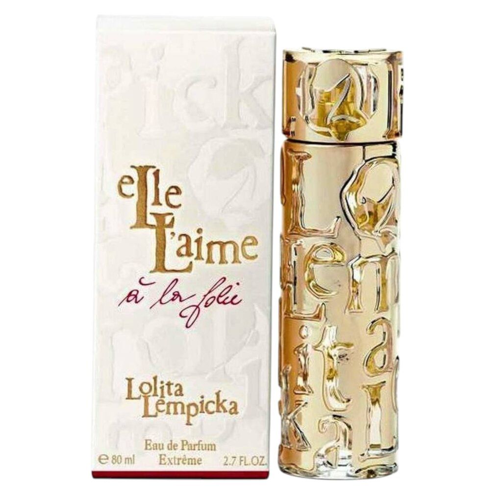 Goldfarbener Flakon und Verpackung. Aufschrift: Elle L'Aime à la folie, Lolita Lempicka. Eau de Parfum Extrême.