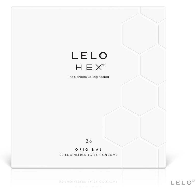 Weiße Schachtel mit LELO HEX-Logo und Text. Enthält 36 Original-Kondome.