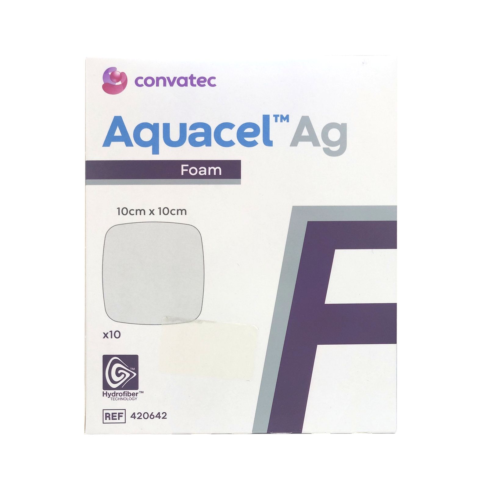 Verpackung AQUACEL Ag Foam, 10x10 cm. Marke Convatec. Quadratische Darstellung des Verbands. Mit Hydrofiber-Technologie.