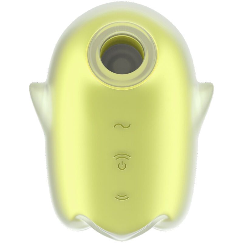 Gelb-transparenter, geisterförmiger Vibrator mit drei Bediensymbolen. Oben eine Öffnung, unten eine Basis.