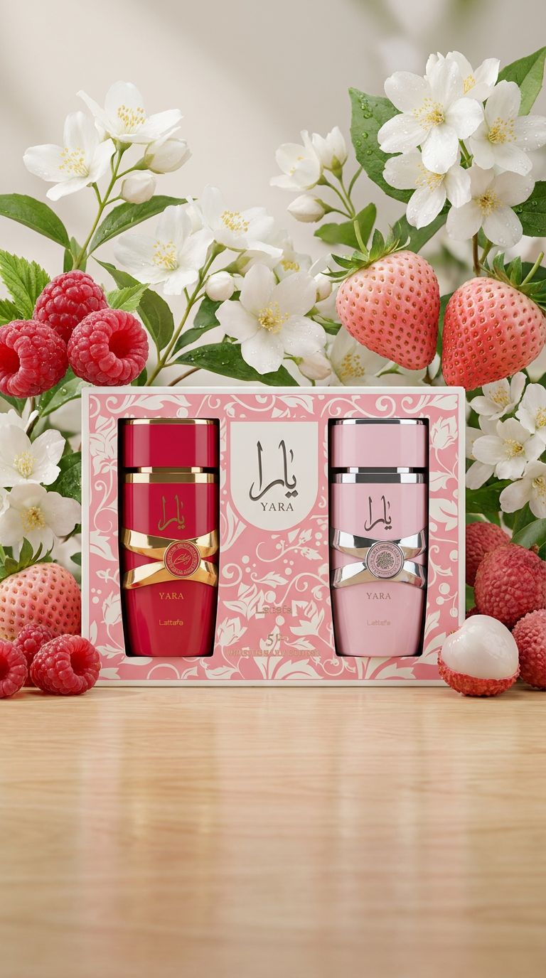 Zwei Yara-Parfümflaschen, eine rote und eine rosa, in einer Geschenkbox, umgeben von Beeren und Blüten.