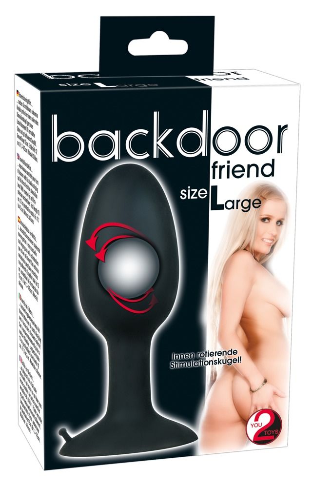 Schwarzer Analplug mit rotierender Kugel. Verpackung mit Produktname, Größe "Large" und Abbildung einer Frau.