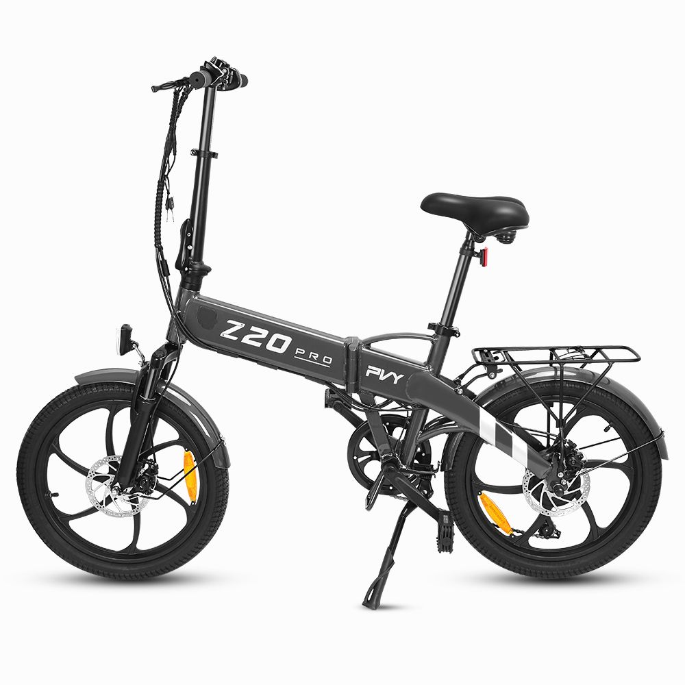 Faltbares E-Bike PVY Z20 Pro, schwarz, mit weißem Streifen am Hinterrad. Shimano 6-Gang.