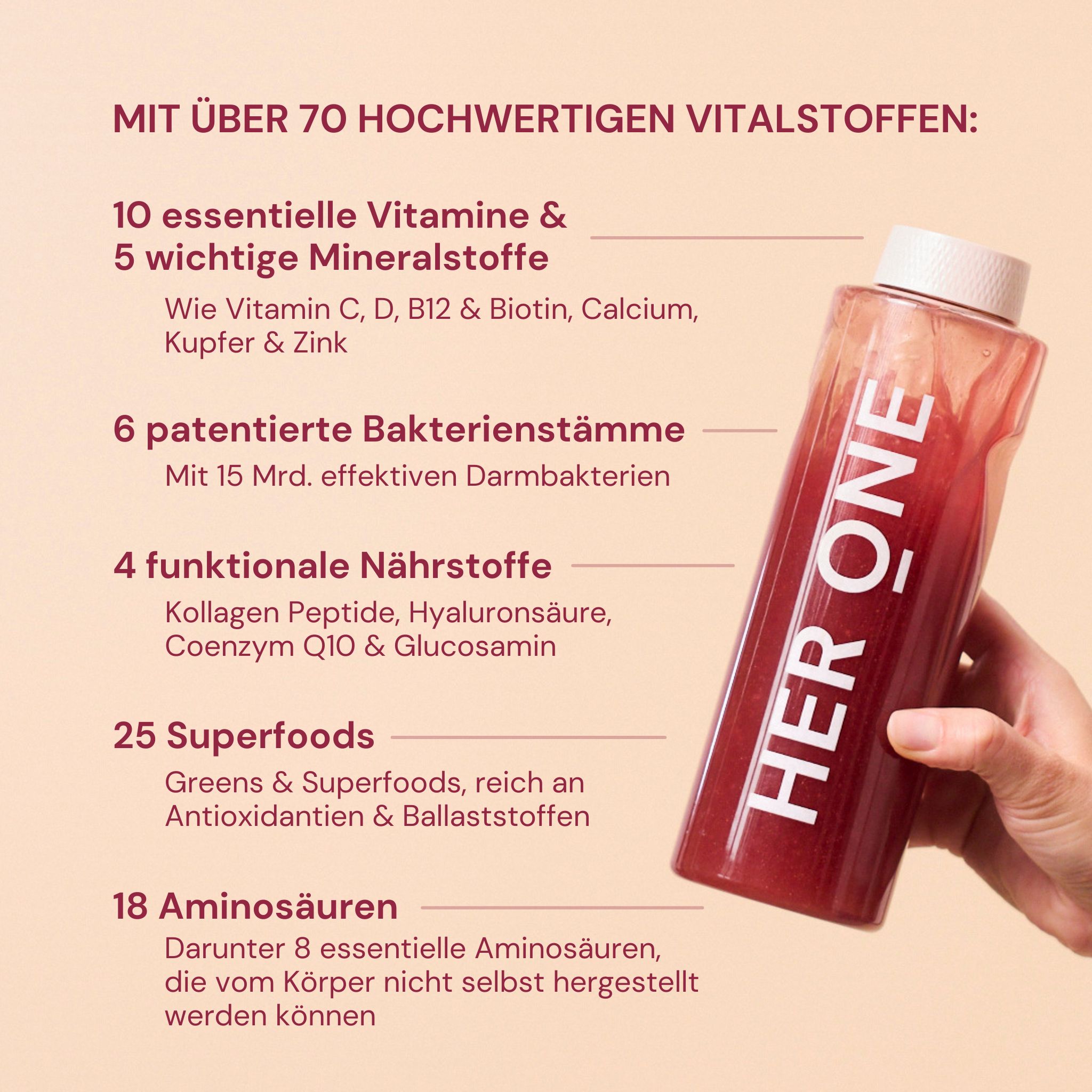 Flasche mit roter Flüssigkeit. Aufschrift: HER ONE. Text mit Inhaltsstoffen: Vitamine, Mineralstoffe, Bakterienstämme, Nährstoffe, Superfoods, Aminosäuren.