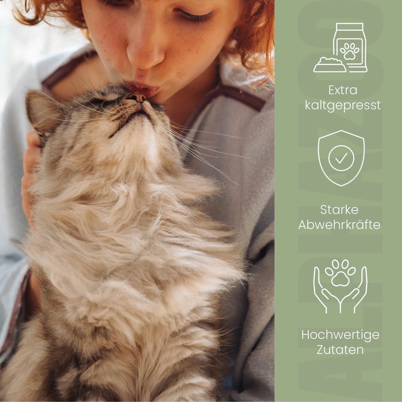 Frau küsst Katze. Icons: Extra kaltgepresst, Starke Abwehrkräfte, Hochwertige Zutaten. Katze mit grauem Fell.
