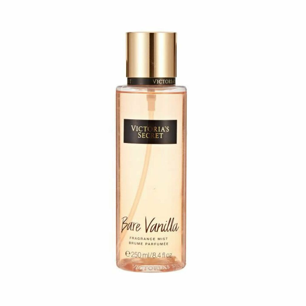 Körpernebel-Spray. Flasche mit goldfarbenem Deckel und Sprühkopf. Schwarzes Etikett mit Text: Victoria's Secret, Bare Vanilla, 250 ml.