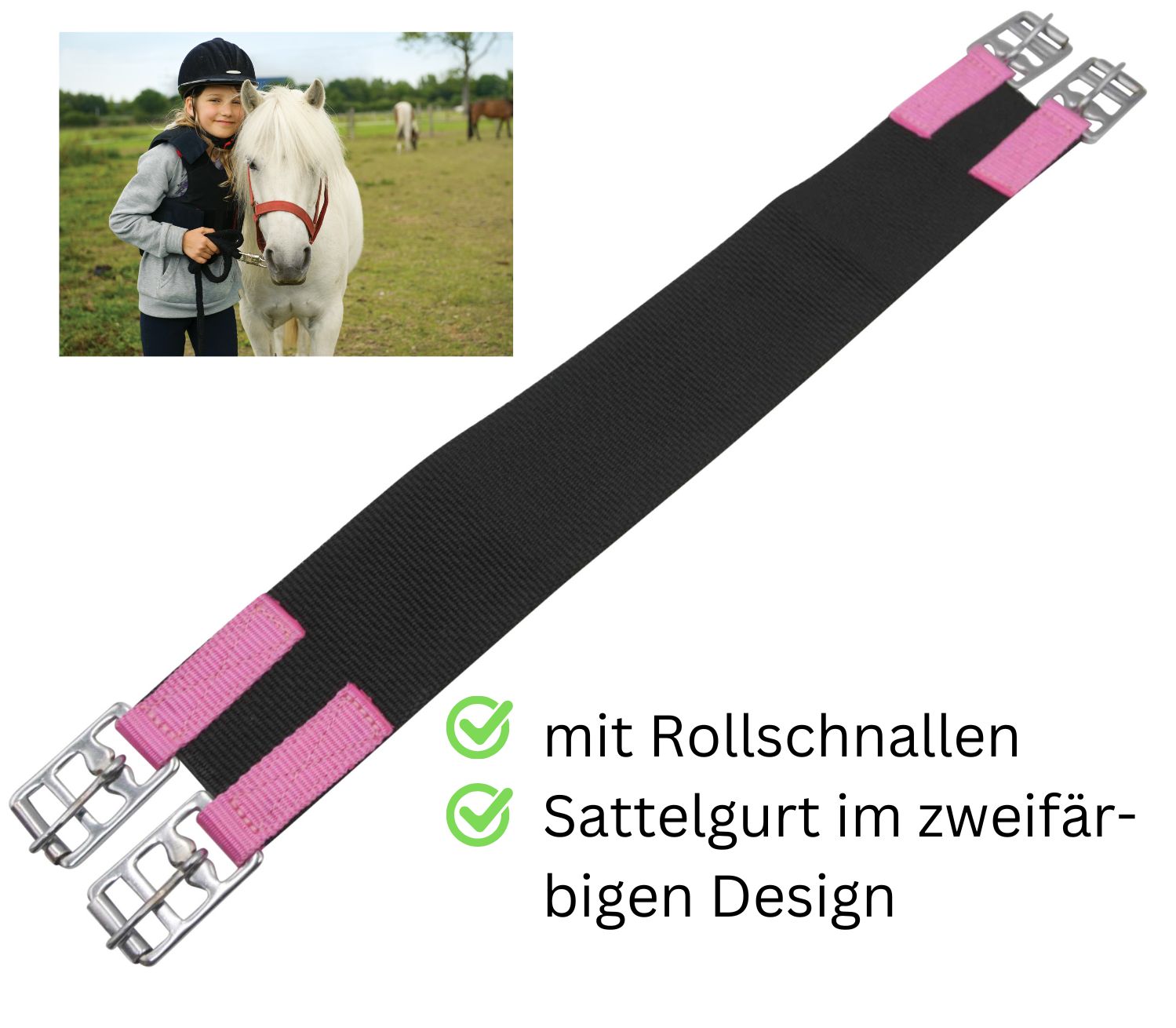 Schwarzer Sattelgurt mit pinkfarbenen Enden. Text: mit Rollschnallen, Sattelgurt im zweifarbigen Design.