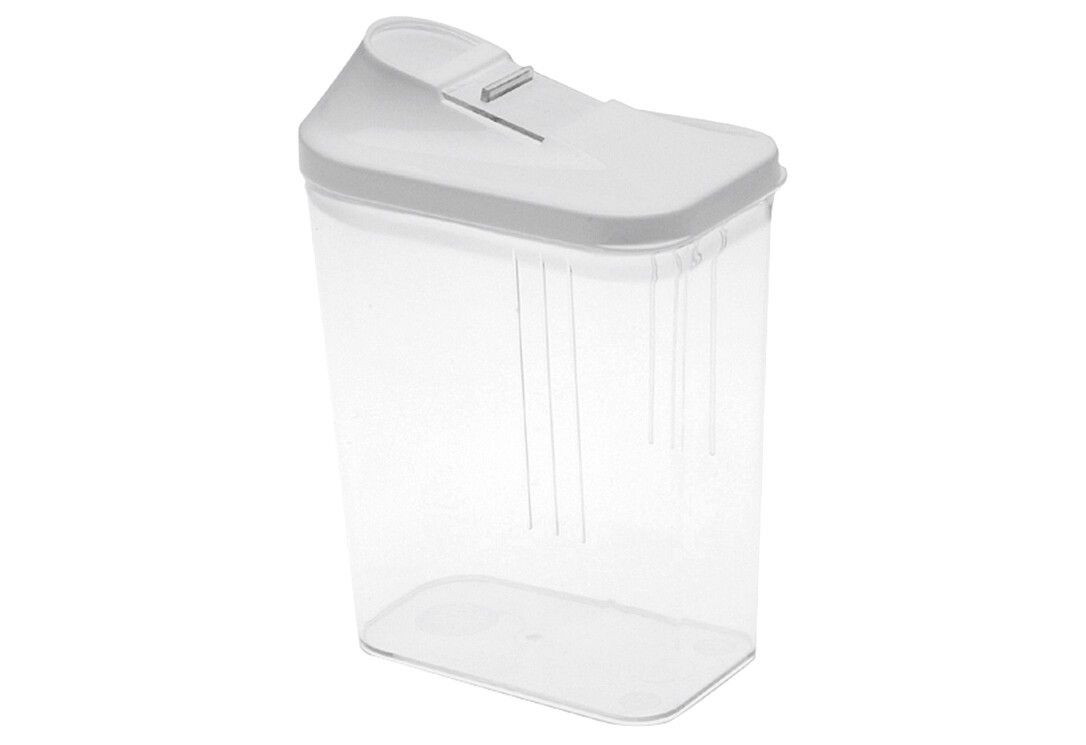 Transparente Schüttdose mit weißem Deckel und Verschluss. Rechteckige Form. Deckel mit Ausgießer.