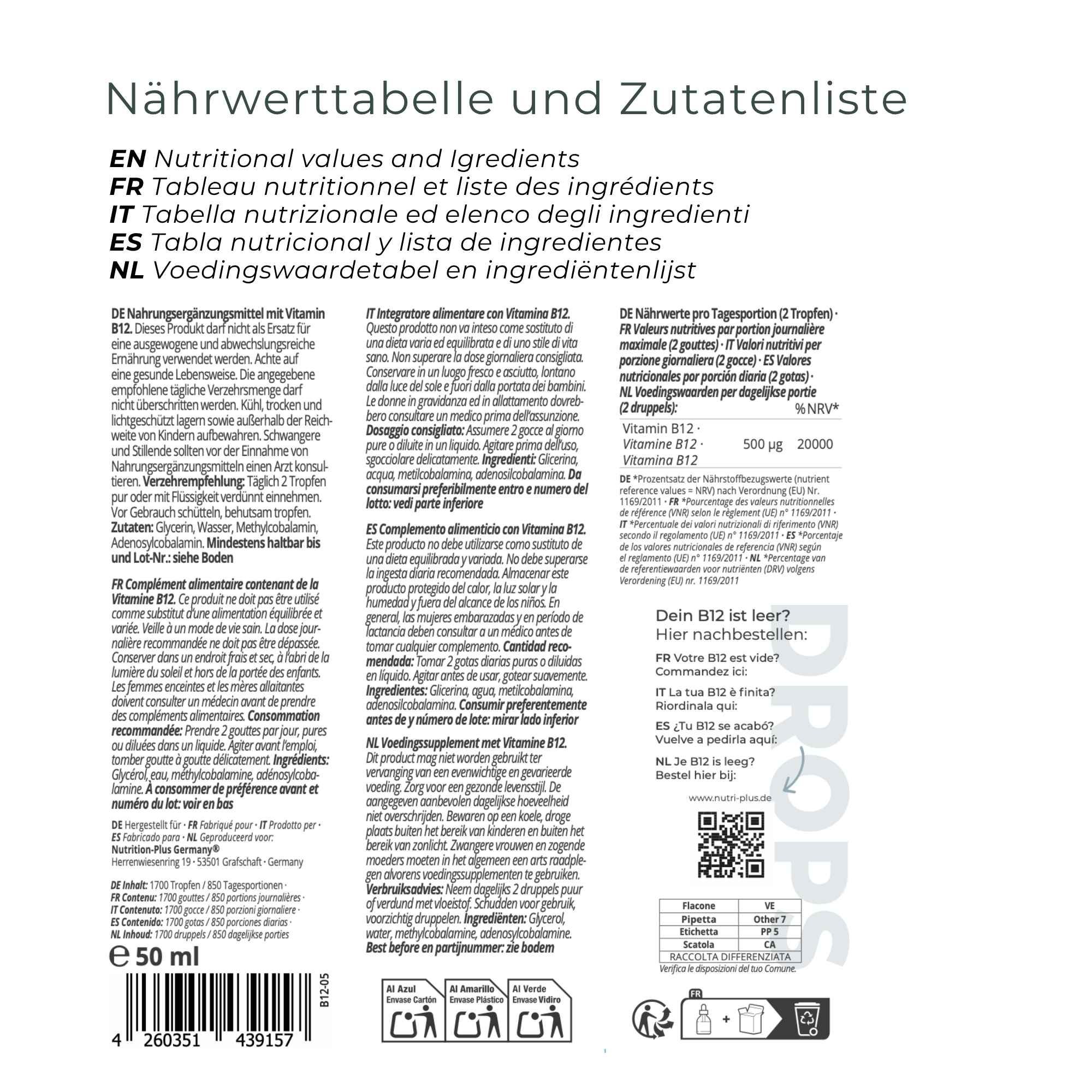 Nutri+ Vitamin B12 Tropfen: Nährwerttabelle und Zutatenliste.
