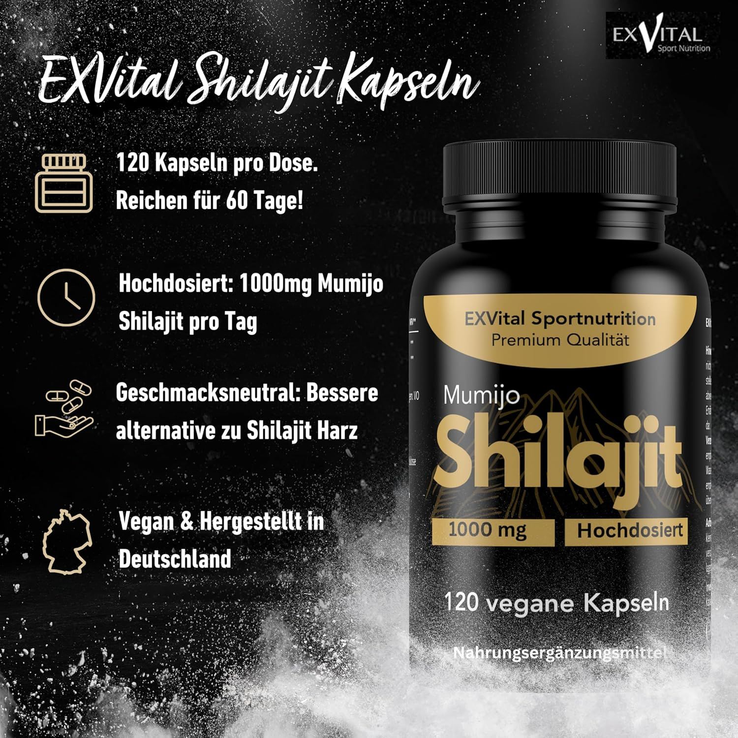 Etikett der EXVital Shilajit Kapseln Dose. 120 vegane Kapseln, hergestellt in Deutschland.