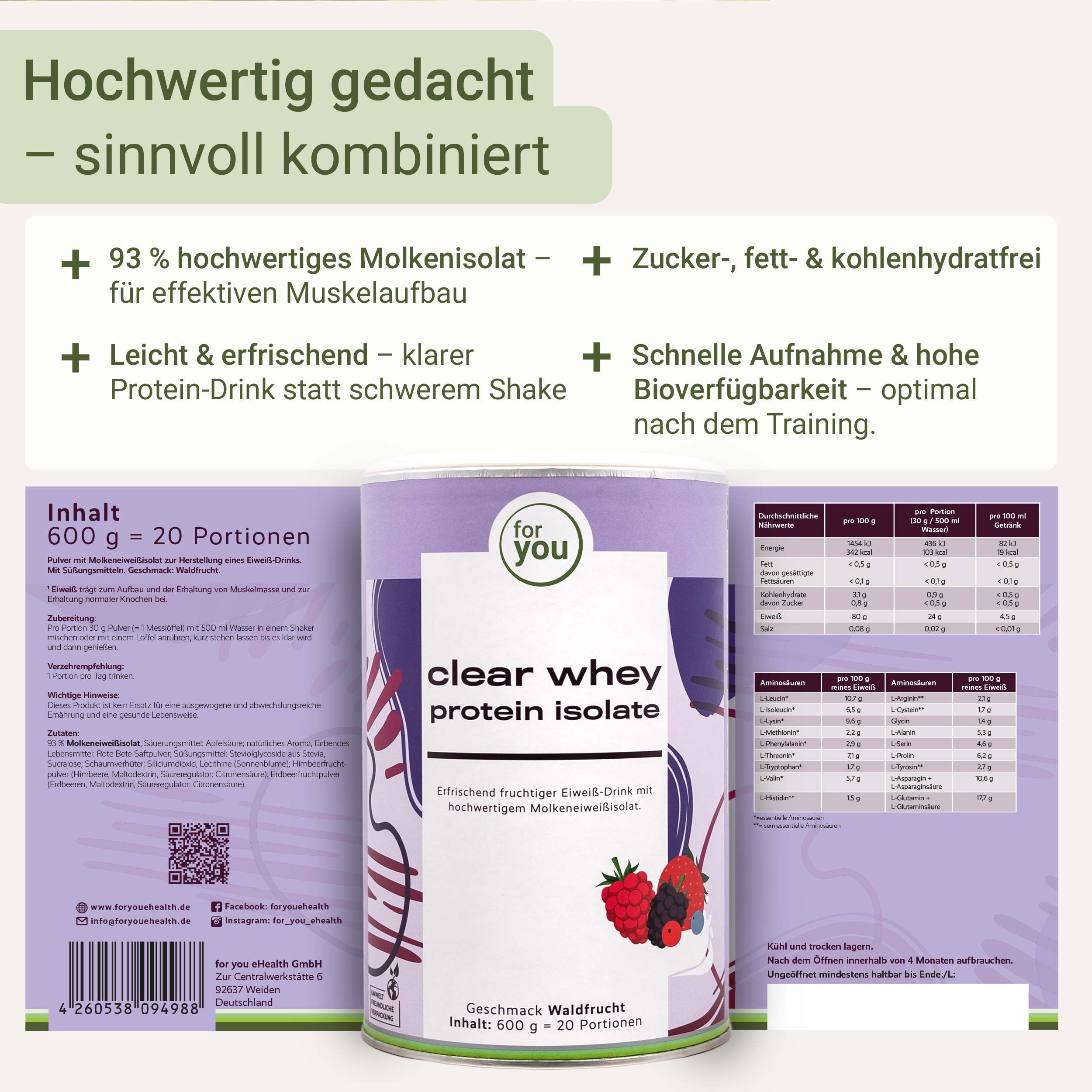 Dose 'for you clear whey protein isolate'. Text: 93% Molkenproteinisolat, zucker-, fett- & kohlenhydratfrei. 20 Portionen.