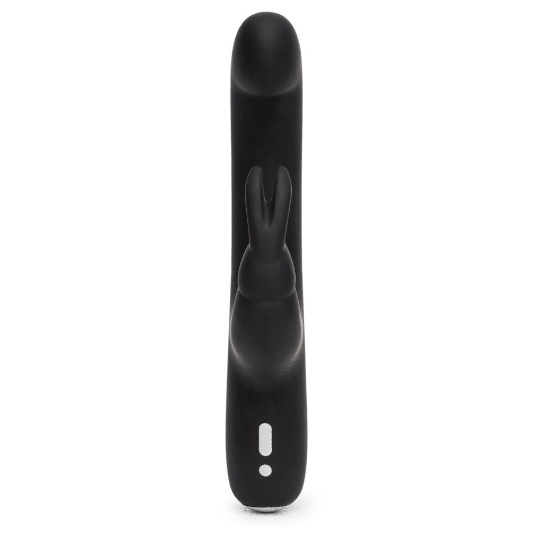 Schwarzer Vibrator mit Hasenohren-Design. Längliche Form mit abgerundeter Spitze und Bedienknöpfen.