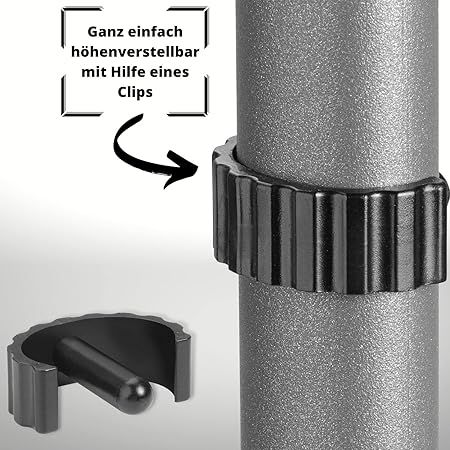 Nahaufnahme eines Clips zur Höhenverstellung einer Unterarmgehhilfe. Ein Clip wird gezeigt.