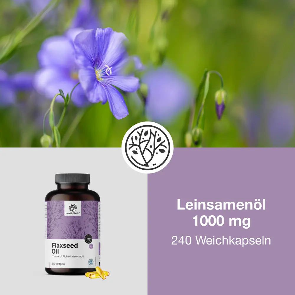 Collage: Leinsamenblüten, Flasche Leinsamenöl, Logo, Text.