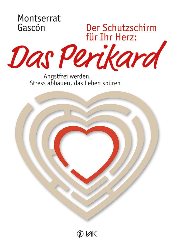 Buchcover: Titel "Das Perikard". Autor: Montserrat Gascón. Herz-Labyrinth-Illustration mit rotem Herz im Zentrum.
