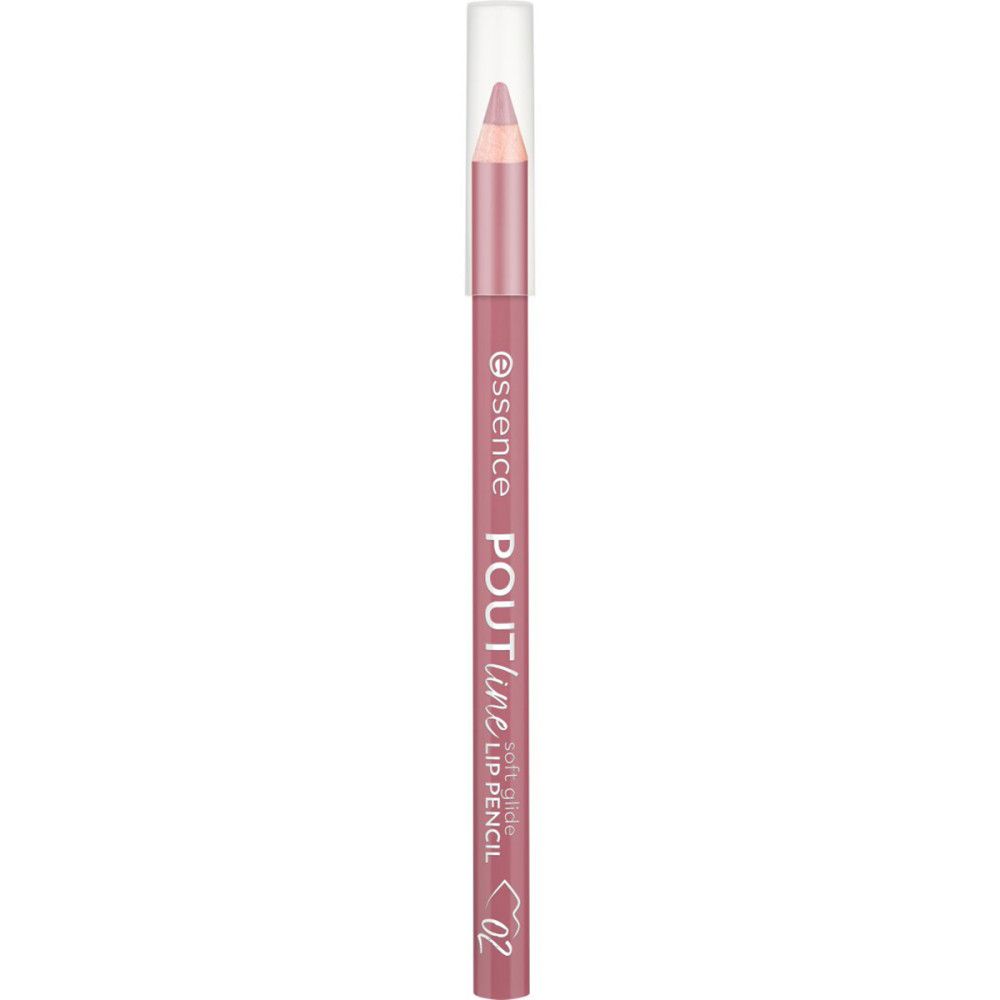 Lippenstift-Konturenstift. Rosa Stift mit transparenter Kappe. Aufschrift: Essence, Poutline, Soft Glide, Lip Pencil. Farbnummer 02.