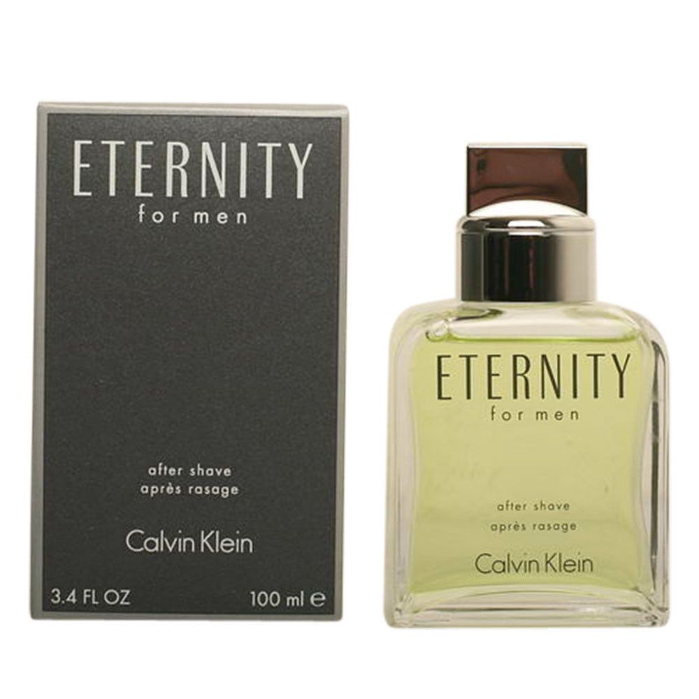 Nach dem Rasieren. Flakon und Verpackung. Flakon mit Aufschrift: ETERNITY FOR MEN, CALVIN KLEIN. Verpackung mit gleicher Aufschrift.