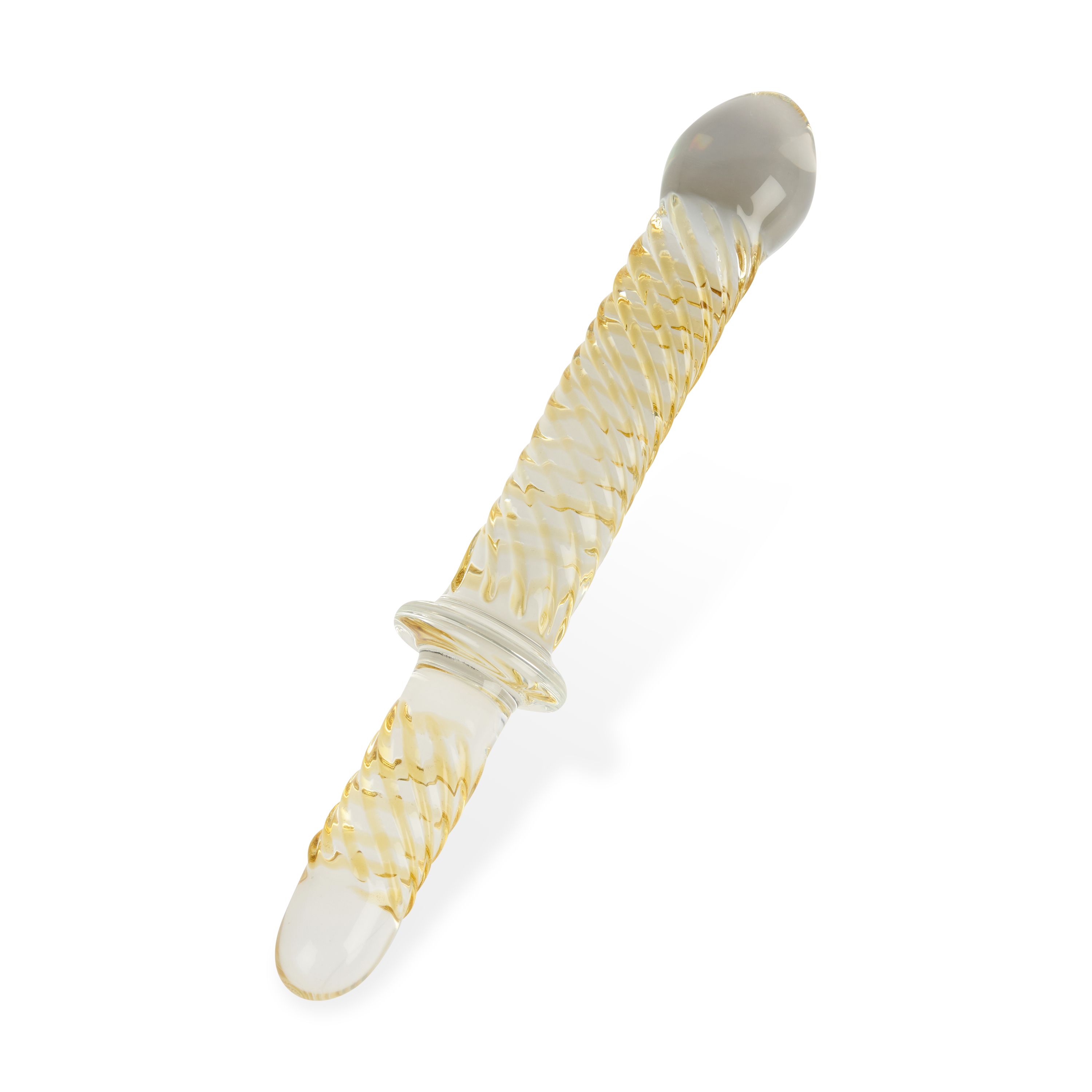 Glas-Stimulator mit geriffelter Oberfläche und abgerundeten Enden. Gelb-weißes Design mit einem Ring in der Mitte.