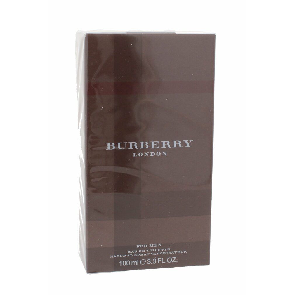 Braune rechteckige Verpackung mit Burberry London-Logo. Text: Eau de Toilette, Natural Spray Vaporisateur, 100 ml.