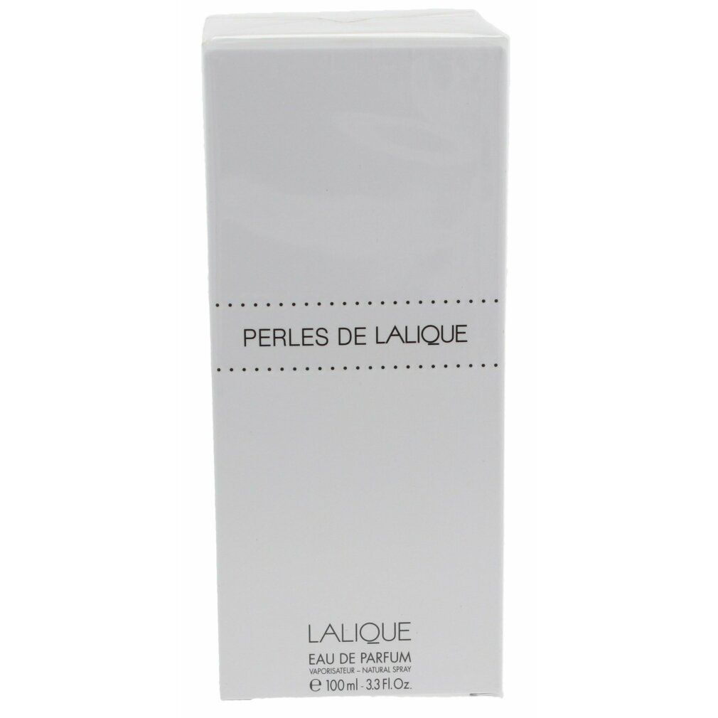 Verpackung von Perles de Lalique Eau de Parfum Spray. Rechteckige Schachtel mit Produktnamen und Markennamen.