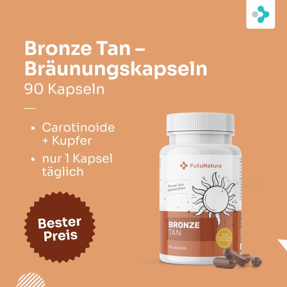 FutuNatura Bronze Tan Bräunungskapseln, 90 Kapseln, mit Sonnensymbol.