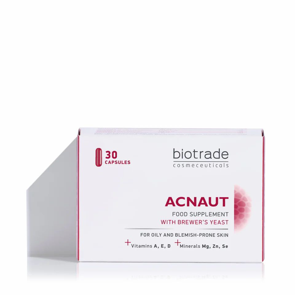 Biotrade Acnaut Nahrungsergänzungsmittel. Weiße Schachtel mit Aufschrift: 30 Kapseln, für unreine Haut. Logo Biotrade.