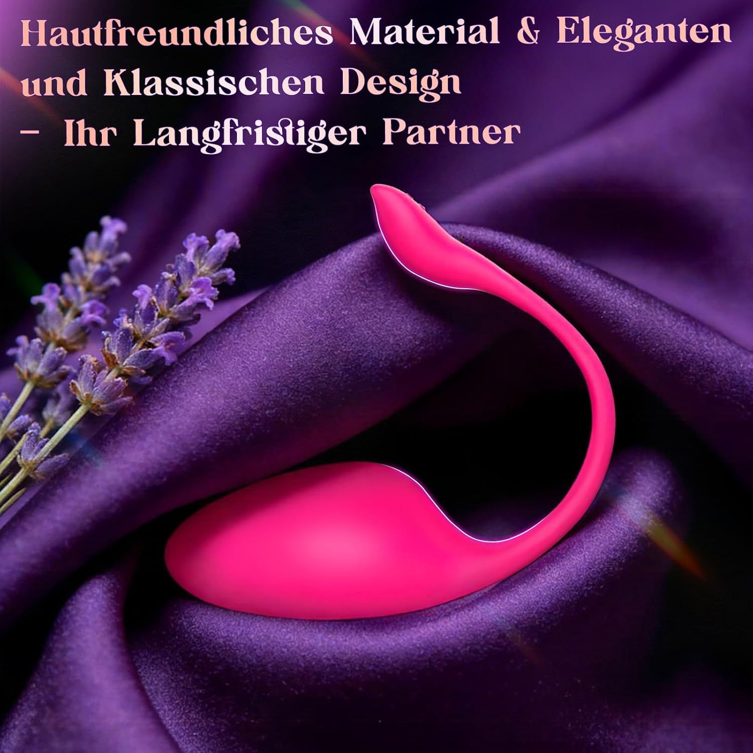 Pinker Vibrator auf lila Seide mit Lavendelzweigen.