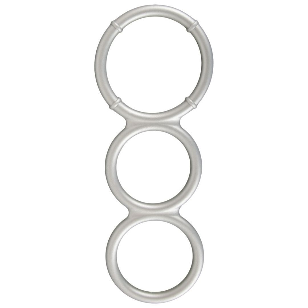Silberfarbener Ring mit drei Öffnungen, verbunden durch Stege. Aus glattem Material.