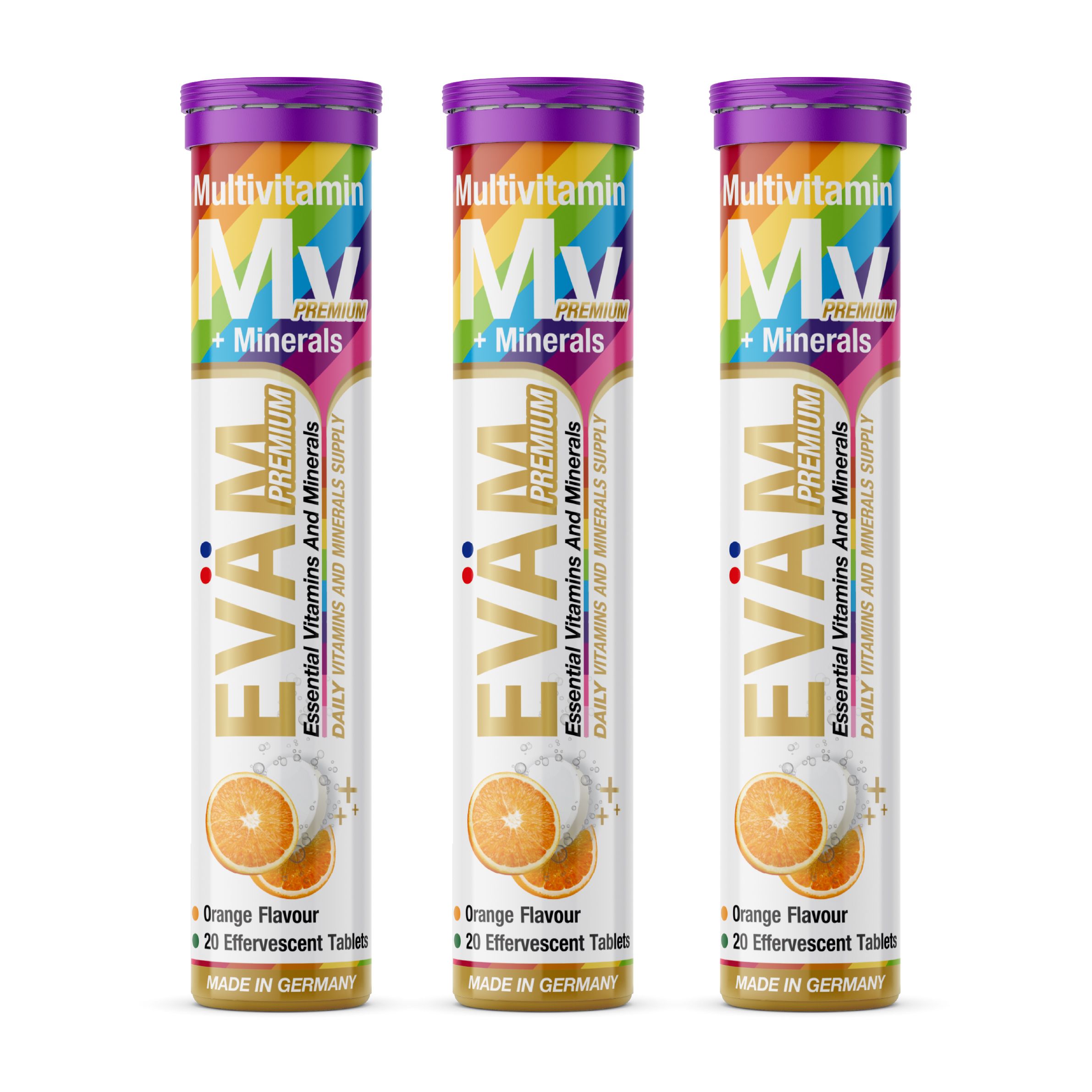 Drei Tuben EVÄM Multivitamin + Mineralien. Jede Tube enthält 20 Brausetabletten mit Orangengeschmack. Lila Deckel, gelbe Schrift.