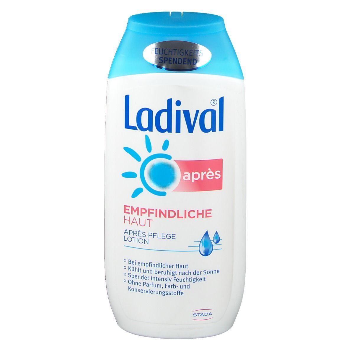 Weiße Flasche mit blauem Deckel. Aufschrift: Ladival, Après Pflege Lotion. Logo: Sonne. Text: Empfindliche Haut.