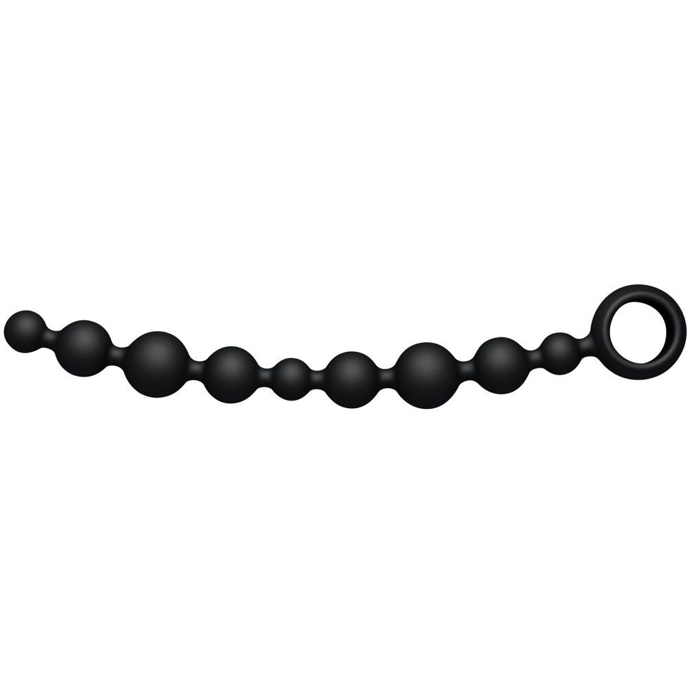 Schwarze Kugel-Kette mit Ring. Besteht aus unterschiedlich großen Kugeln. Auf weißem Hintergrund.