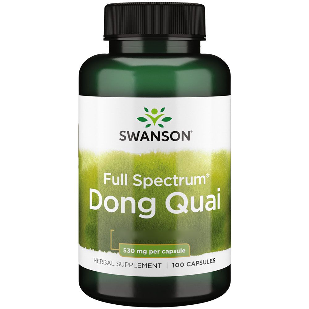 Grüne Flasche mit schwarzem Deckel. Aufschrift: SWANSON, Full Spectrum Dong Quai, 530 mg pro Kapsel, Herbal Supplement, 100 Kapseln.
