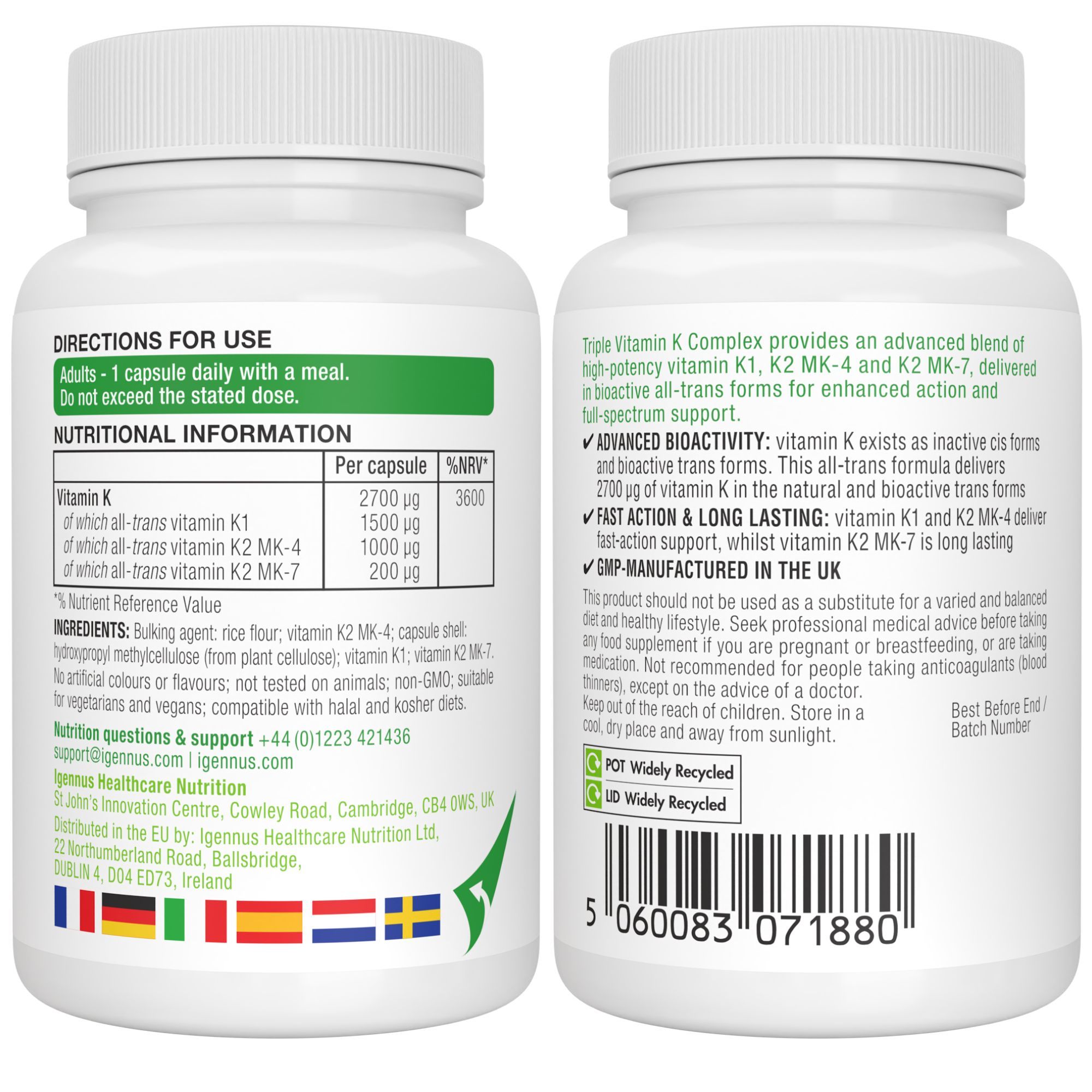 Rückseite und Vorderseite des Igennus Triple Vitamin K Complex Flaschenetiketts.