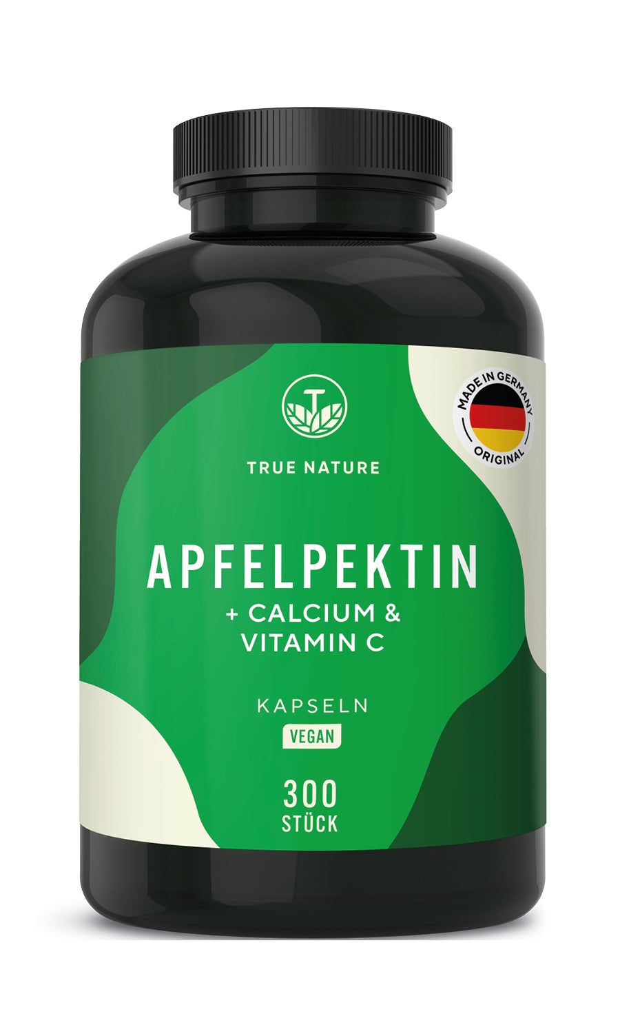 Schwarze Flasche mit grüner Etikettierung. Aufschrift: Apfelpektin + Calcium & Vitamin C, Kapseln, Vegan, 300 Stück. Siegel: Made in Germany.