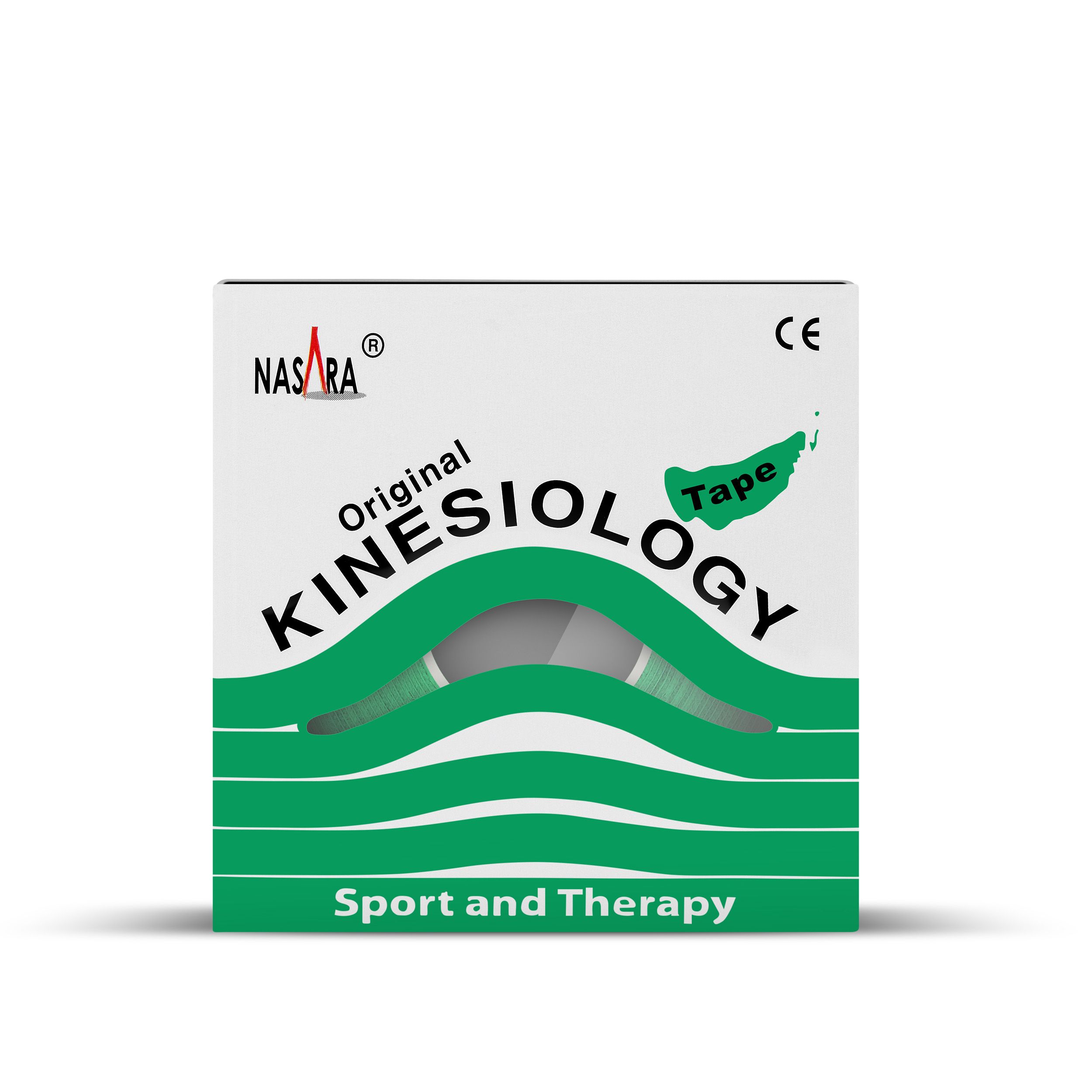 Box mit grünem Kinesiologie-Tape. Aufschrift NASARA Original Kinesiology Tape. CE-Zeichen.