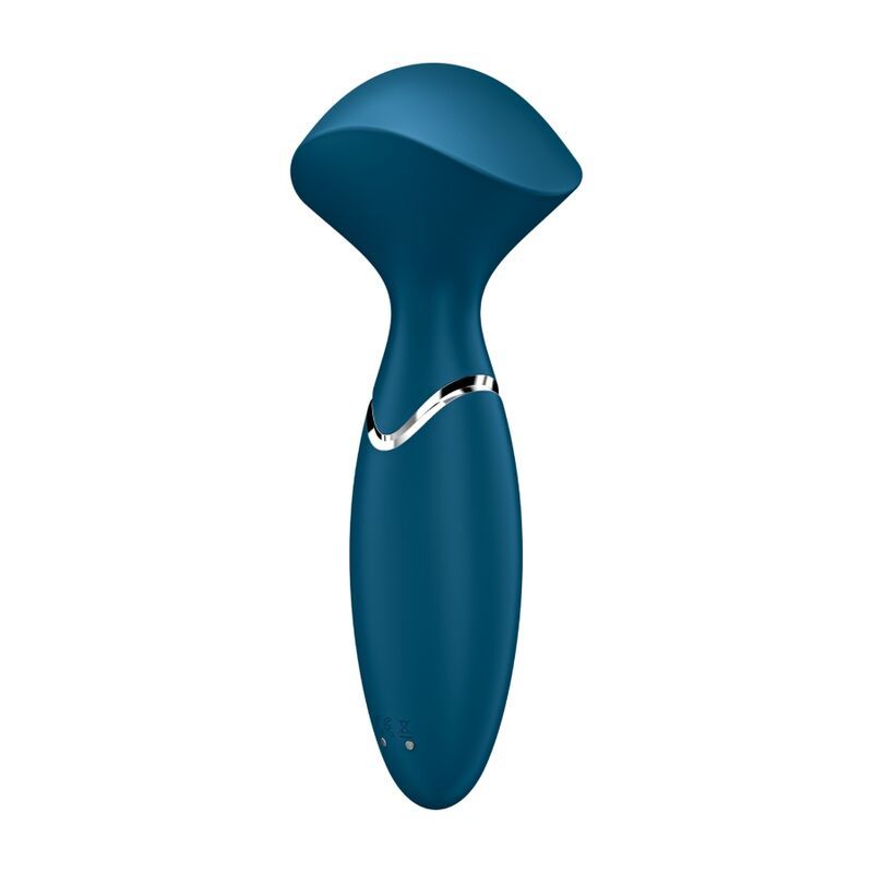 Dunkelblauer Vibrator mit geschwungener Form und silbernem Ring.