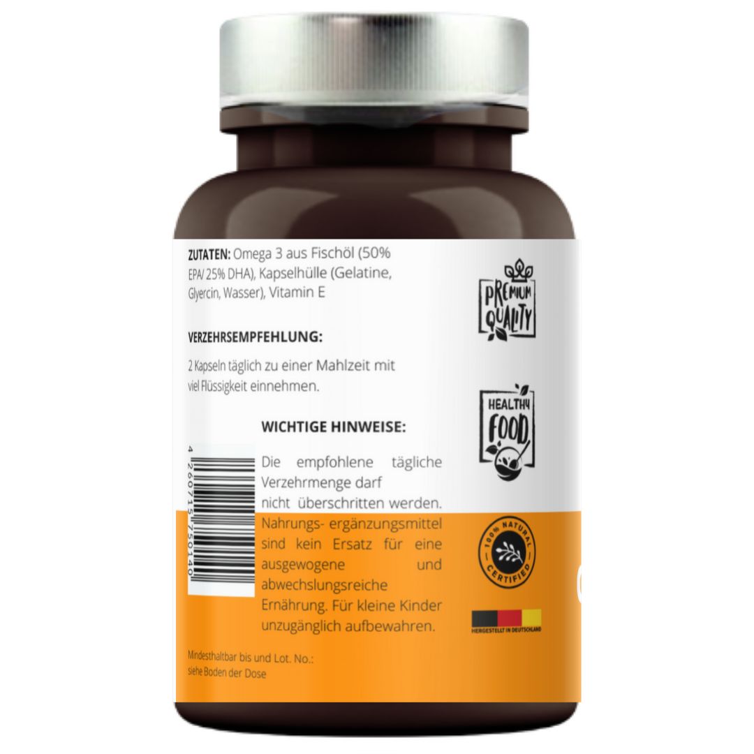 Braune Flasche mit weißen Etiketten. Text: Zutaten, Verzehrempfehlung, wichtige Hinweise. Logos: Premium Quality, Healthy Food, 100% Natural.