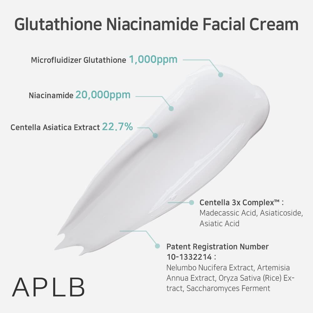 Cremeprobe mit Markierungen für Glutathion, Niacinamid und Centella Asiatica Extrakt.