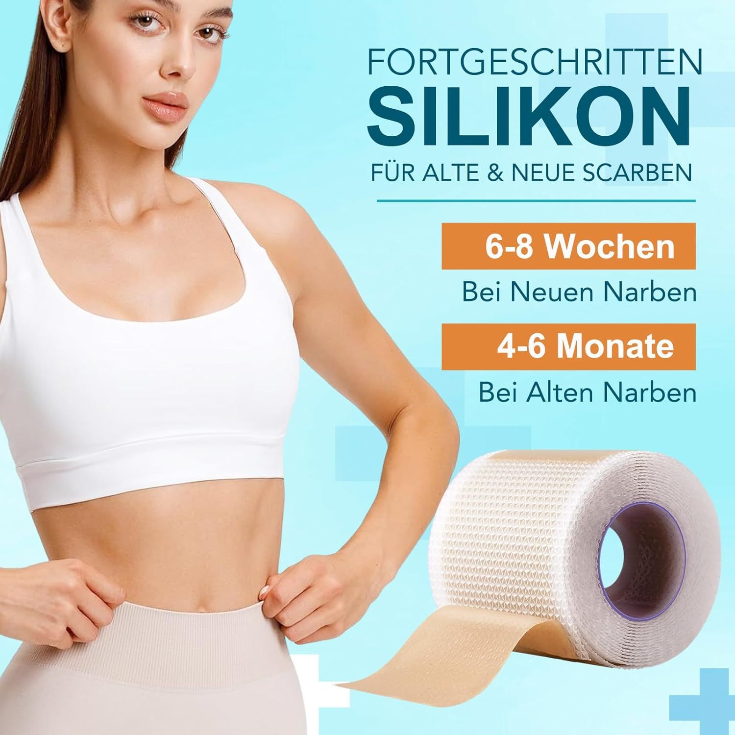 Frau mit Rolle Narbenpflaster. Text: Silikon für alte & neue Narben. 6-8 Wochen bei neuen Narben, 4-6 Monate bei alten Narben.