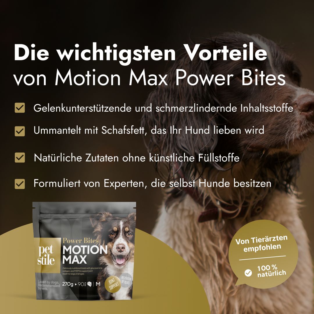 Produktverpackung mit Text: Motion Max Power Bites. Vorteile: Gelenkunterstützung, schmerzlindernd, mit Schafsfett, natürliche Zutaten.