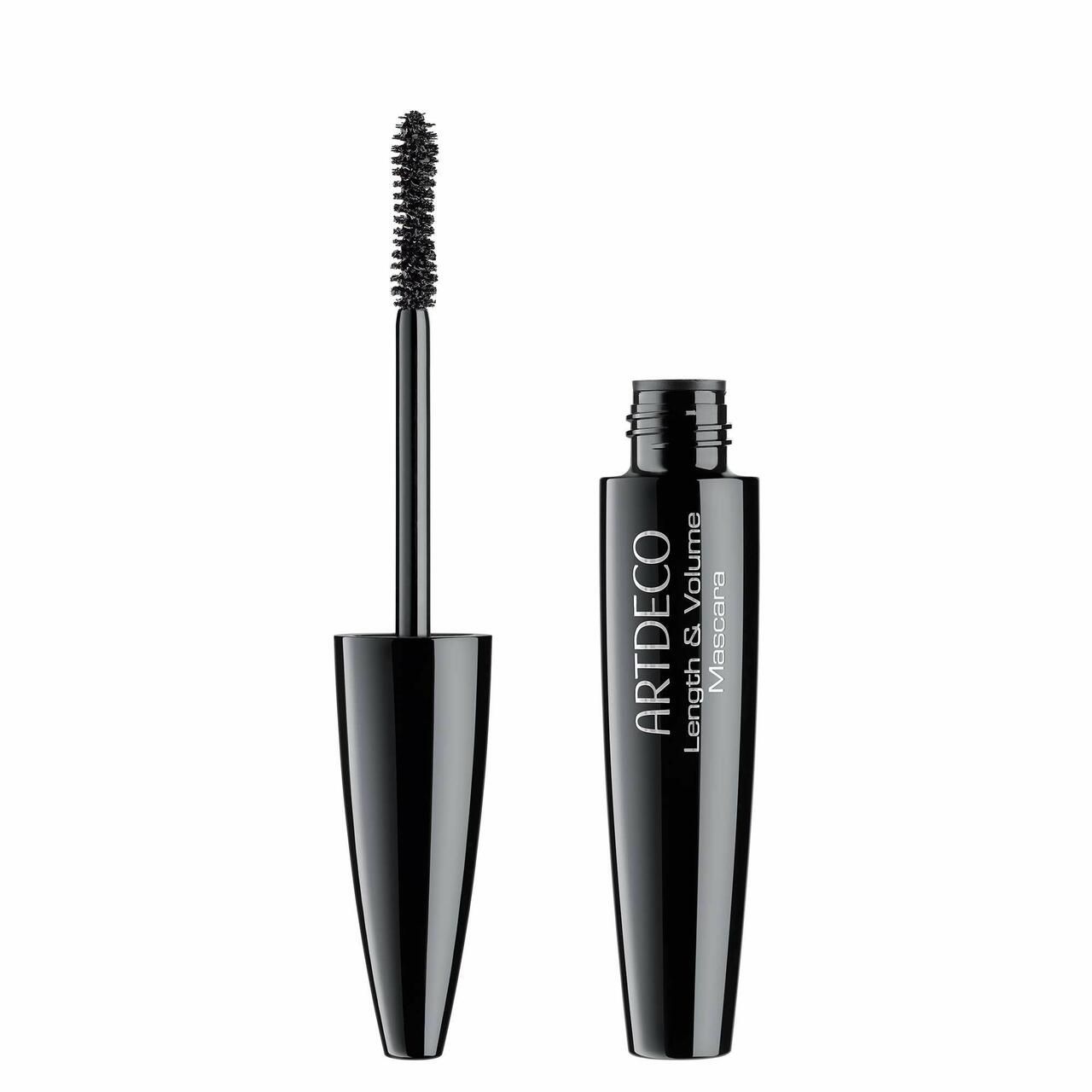 Schwarze Mascara-Tube und Bürste. Auf der Tube steht "ARTDECO Length & Volume Mascara".