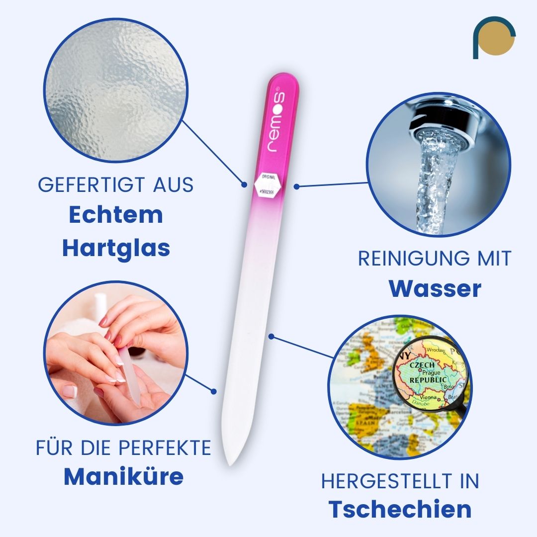 Glasnagelfeile mit pinkfarbenem Griff. Hergestellt aus Echtglas. Reinigung mit Wasser. Hergestellt in Tschechien.