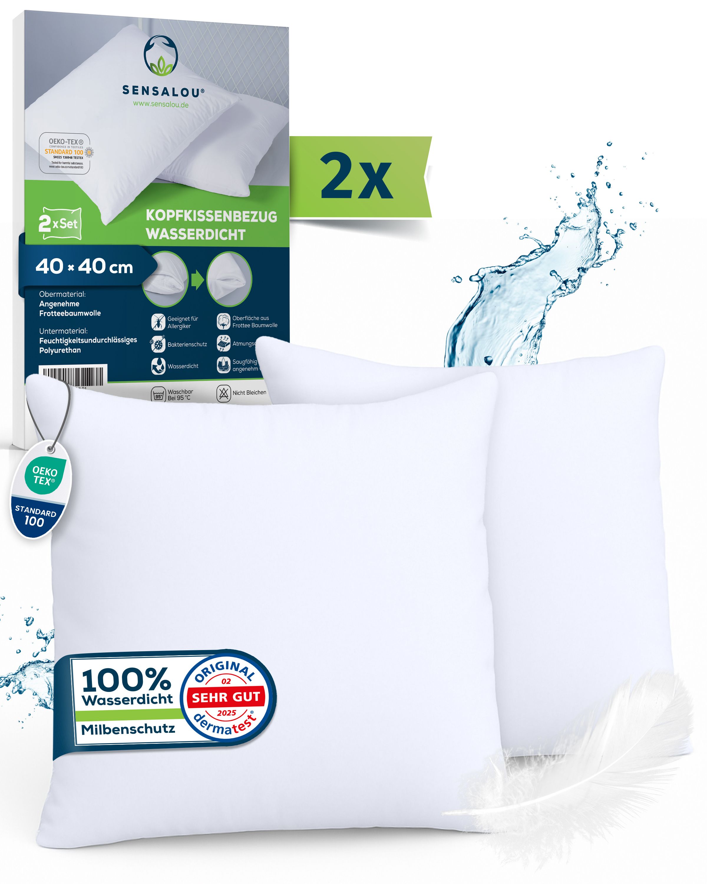 Weißes Kopfkissenbezug-Set, 40x40 cm, wasserdicht. Mit Oeko-Tex Standard 100 Zertifizierung. Doppelpack.