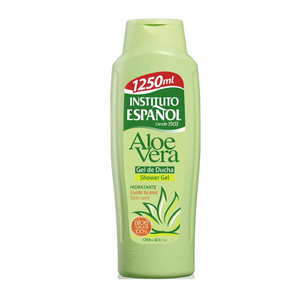 Grüne Flasche INSTITUTO ESPANOL Aloe Vera Duschgel. Aufschrift: Aloe Vera, Gel de Ducha, 1250 ml.
