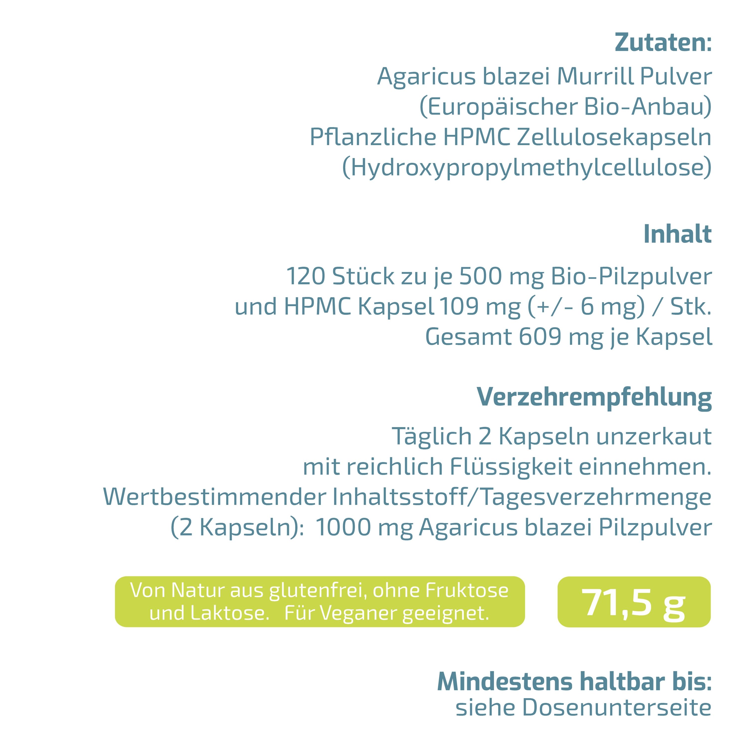 BEAUVITAL Mandelpilz Kapseln: Etikett mit Zutaten, Inhalt und Verzehrempfehlung.