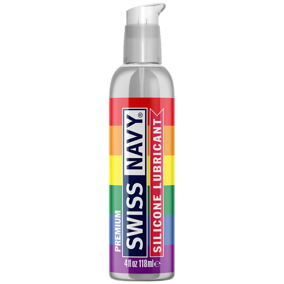 Swiss Navy Premium Silikon Gleitmittel in Regenbogenfarben-Edition mit Pumpspender.