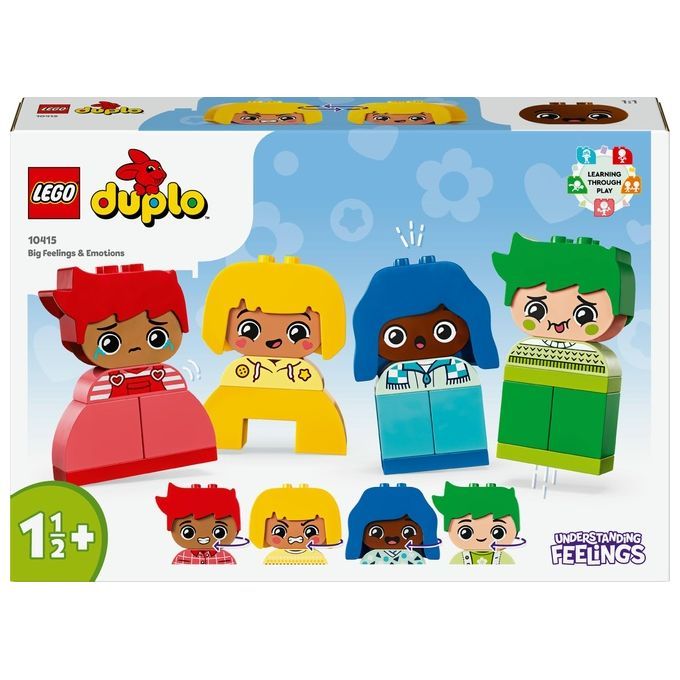 LEGO DUPLO-Set. Figuren in Rot, Gelb, Blau und Grün. Figuren mit Gesichtsausdrücken. Verpackung mit Produktnamen und Altersempfehlung.