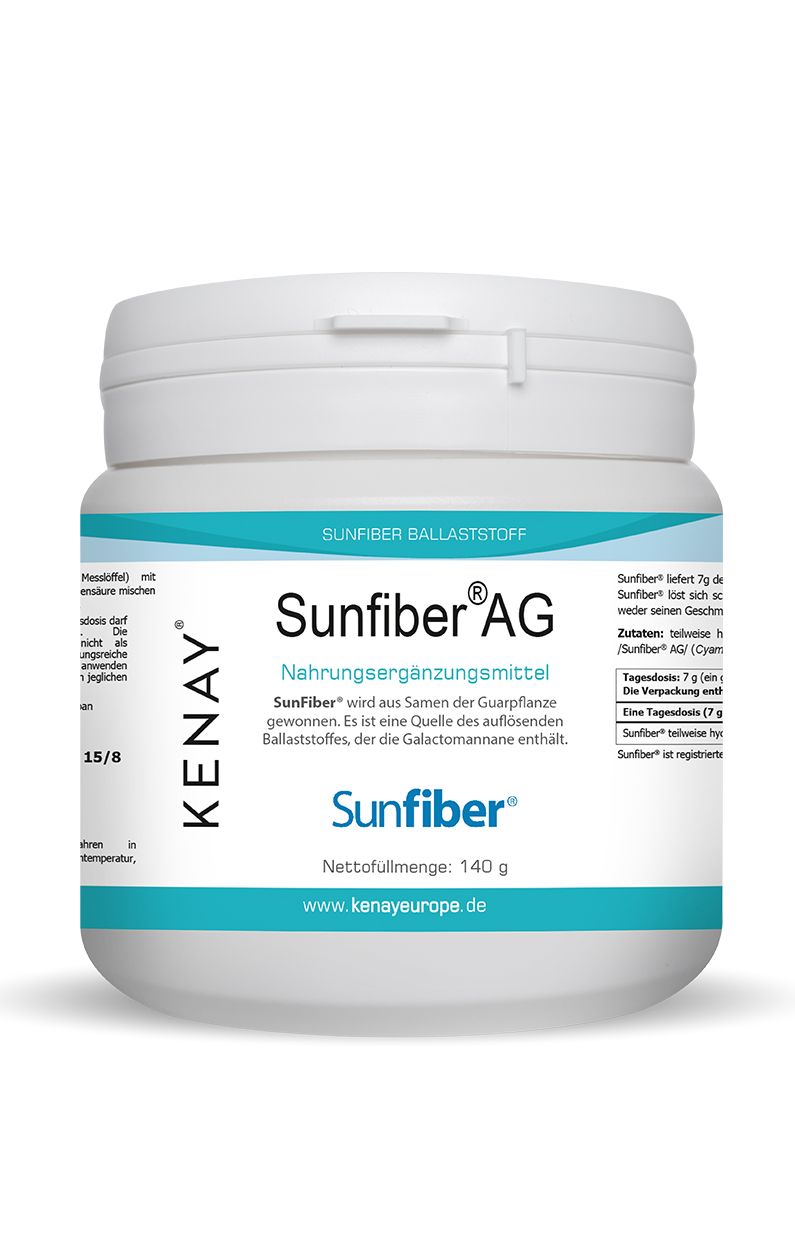 Weiße Dose mit blauem Etikett. Aufschrift: Sunfiber® AG, Nahrungsergänzungsmittel, KENAY®. Nettogewicht: 140 g.