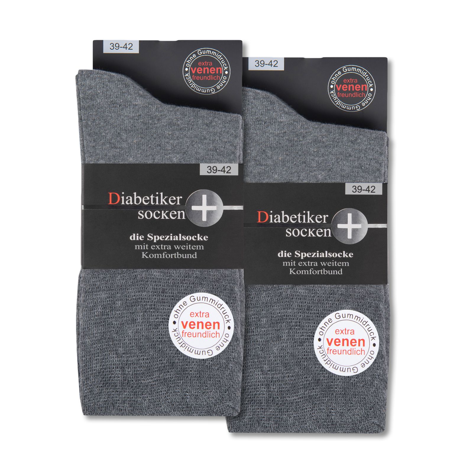 Zwei Packungen grauer Socken. Aufschrift: Diabetiker Socken, ohne Gummi, extra venenfreundlich.