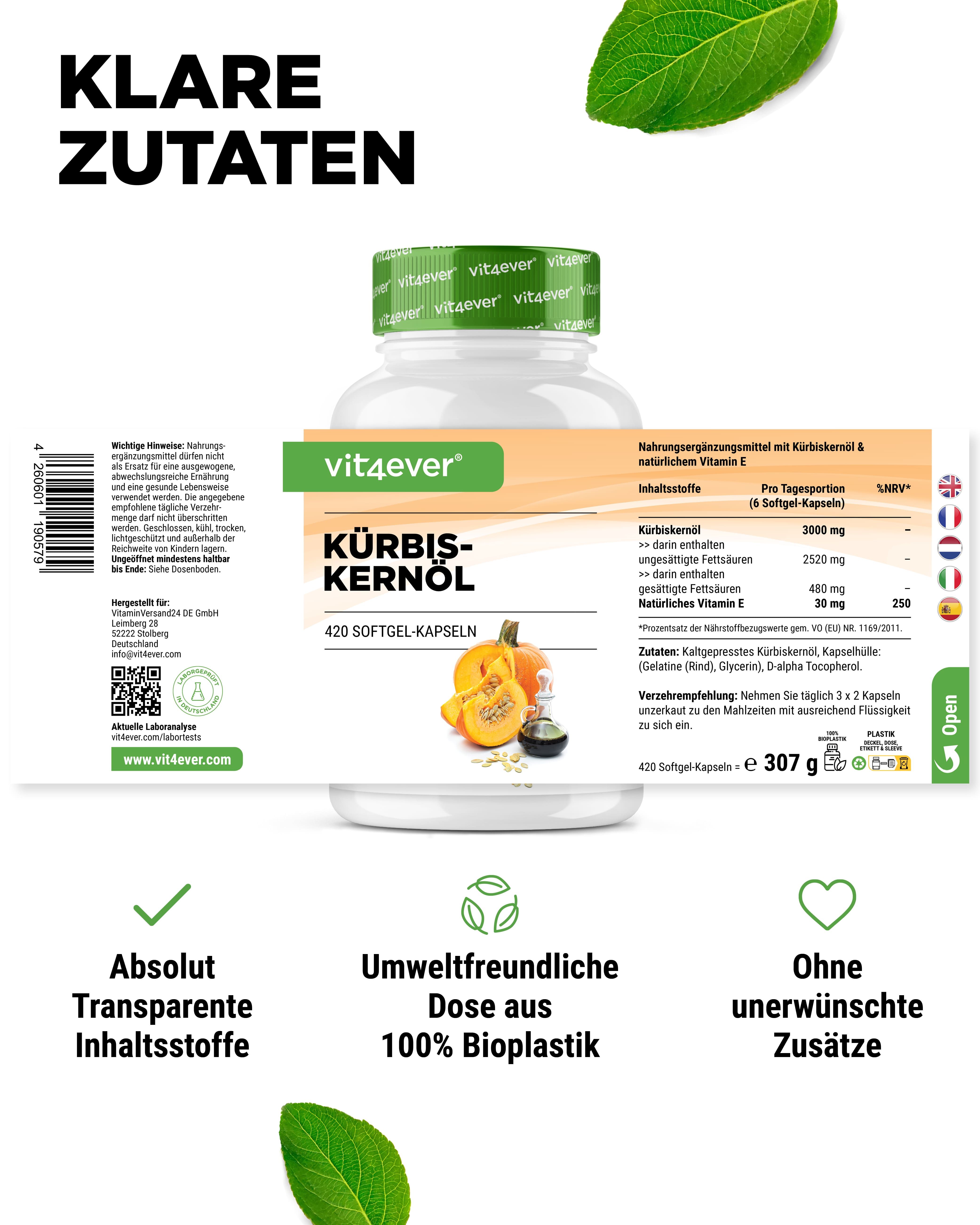 Flasche Kürbiskernöl-Kapseln. Text: Klare Zutaten. Transparente Inhaltsstoffe. 100% Bioplastik. Ohne unerwünschte Zusätze.